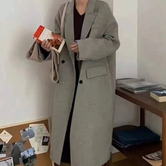 Grey Casual Women's Dropped Shoulder Wool Blend Double-Breasted Coat - Picture 4 of 4